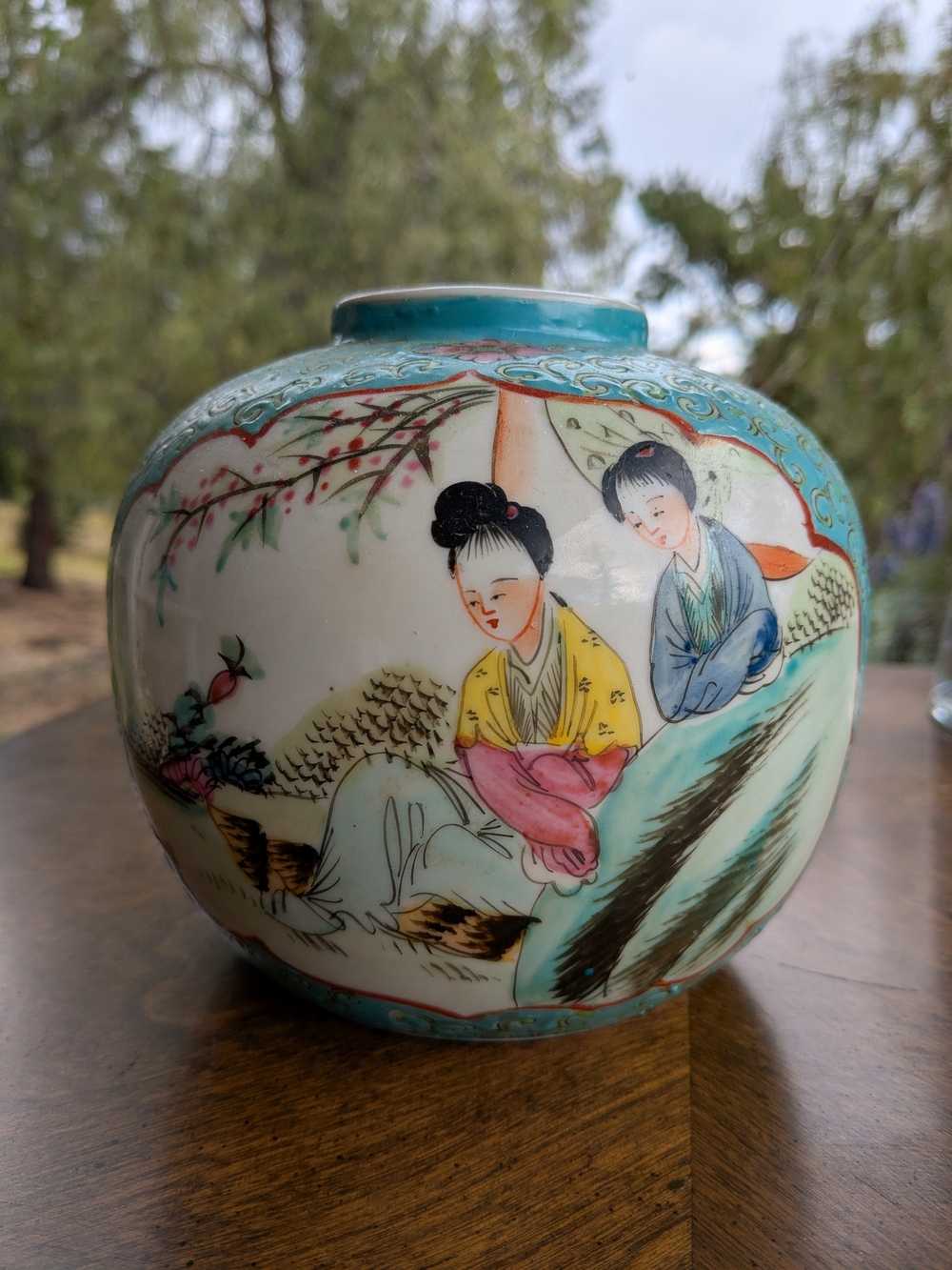 Chinese 5.5" Turquoise Ginger Jar - Hand-Painted Beauties - Textured Sgraffito